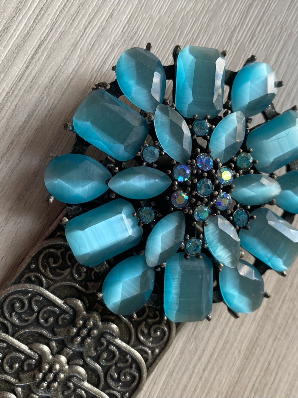 Vintage Turquoise Blue Floral Pewter Belt - Picture 5 of 8